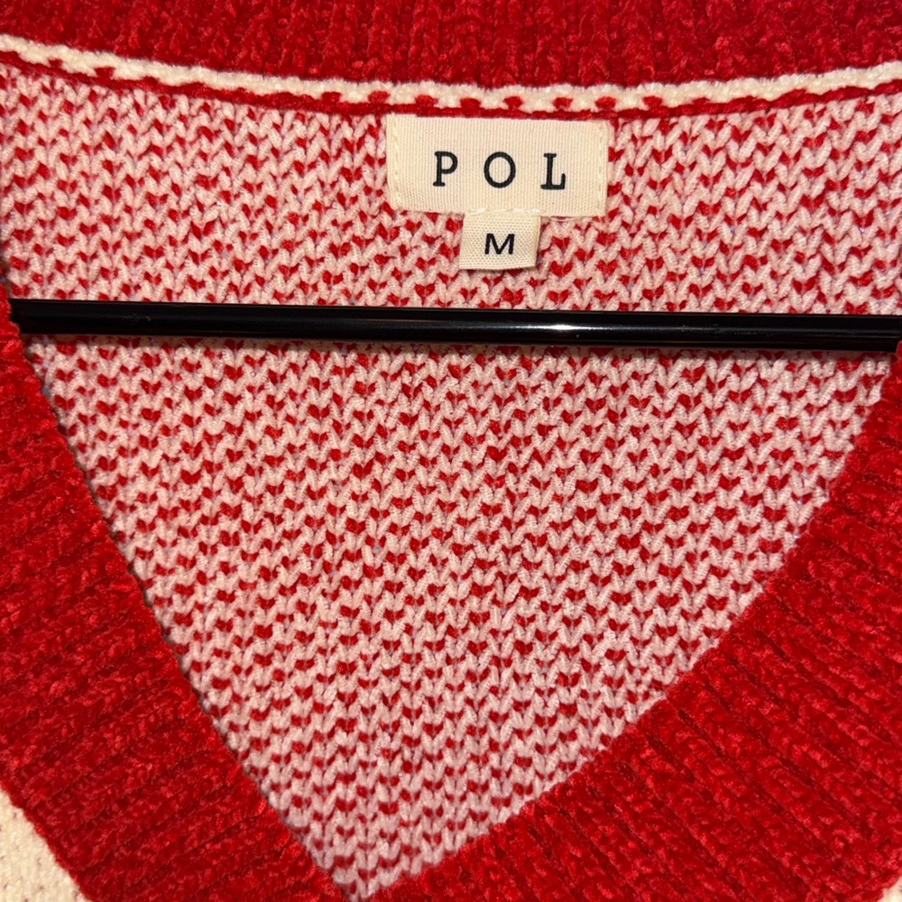 POL Women Red Cream Oversized Chenille Sweater Embellished Pearl Silver Accents - Picture 4 of 9